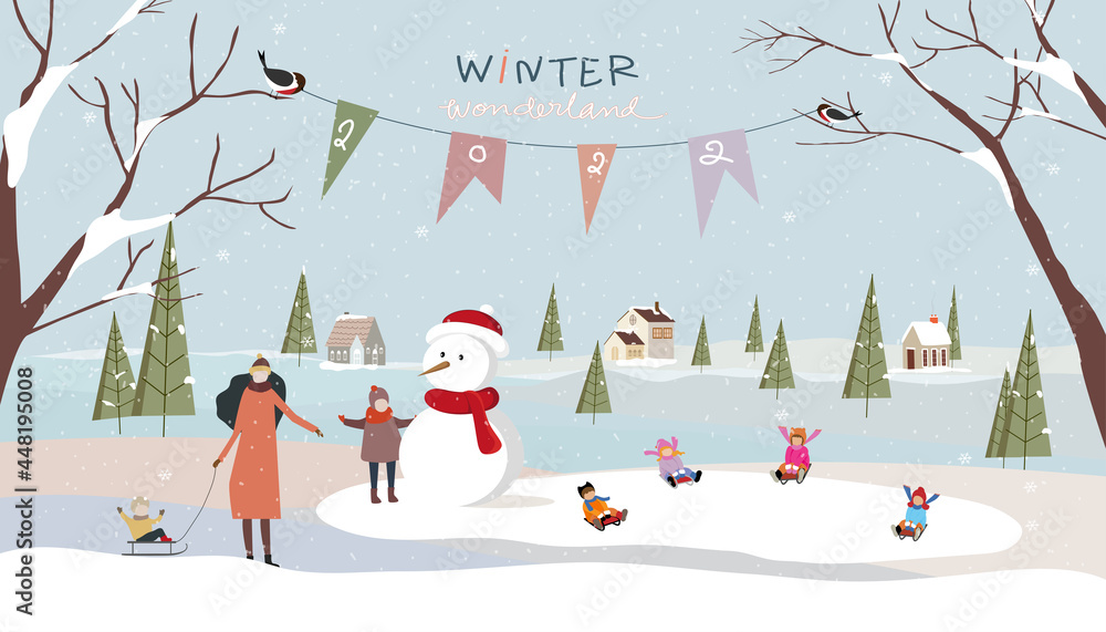 Winter wonderland landscape background with people celebration and kids having fun at park in village.Vector illustration Cute cartoon for greeting card or banner for Christmas or New Year