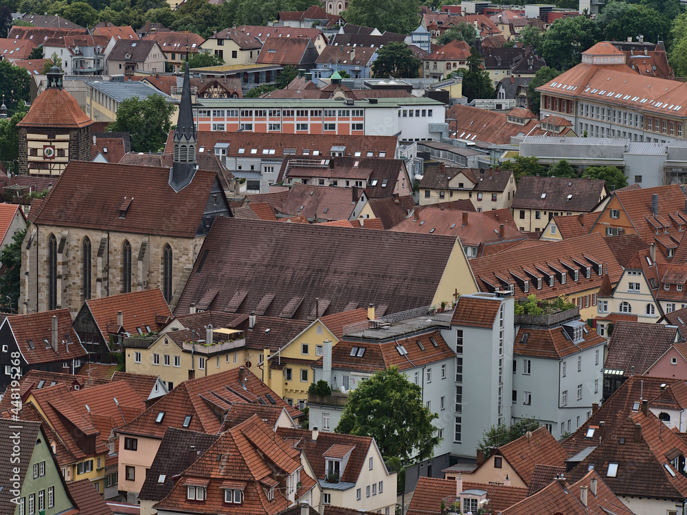 Aerial view of the historic city center of town Esslingen am Neckar, Baden-Württemberg, Germany with buildings, historical evangelical church and old tower Wolfstor. Aerial view of the historic city center of town Esslingen am Neckar, Baden-Württemberg, Germany with buildings, historical evangelical church and old tower Wolfstor.