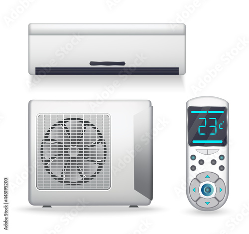 Air conditioner system - realistic set with cooling or heating equipment. Electronic appliance or device to clean, freshen and circulate air. Color indoor and outdoor units. Icon on white background
