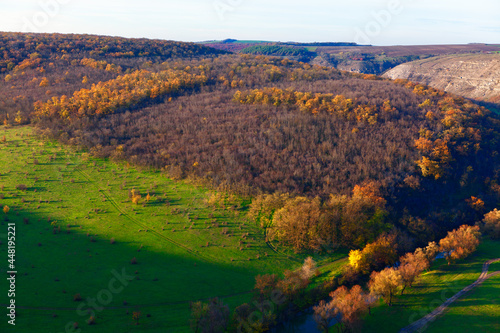 Awesome aerial view of autumn nature . Landscape with treetops in the fall 