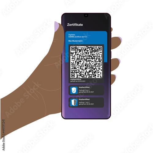 Hand hält Handy mit digitalem Impfzertifikat.