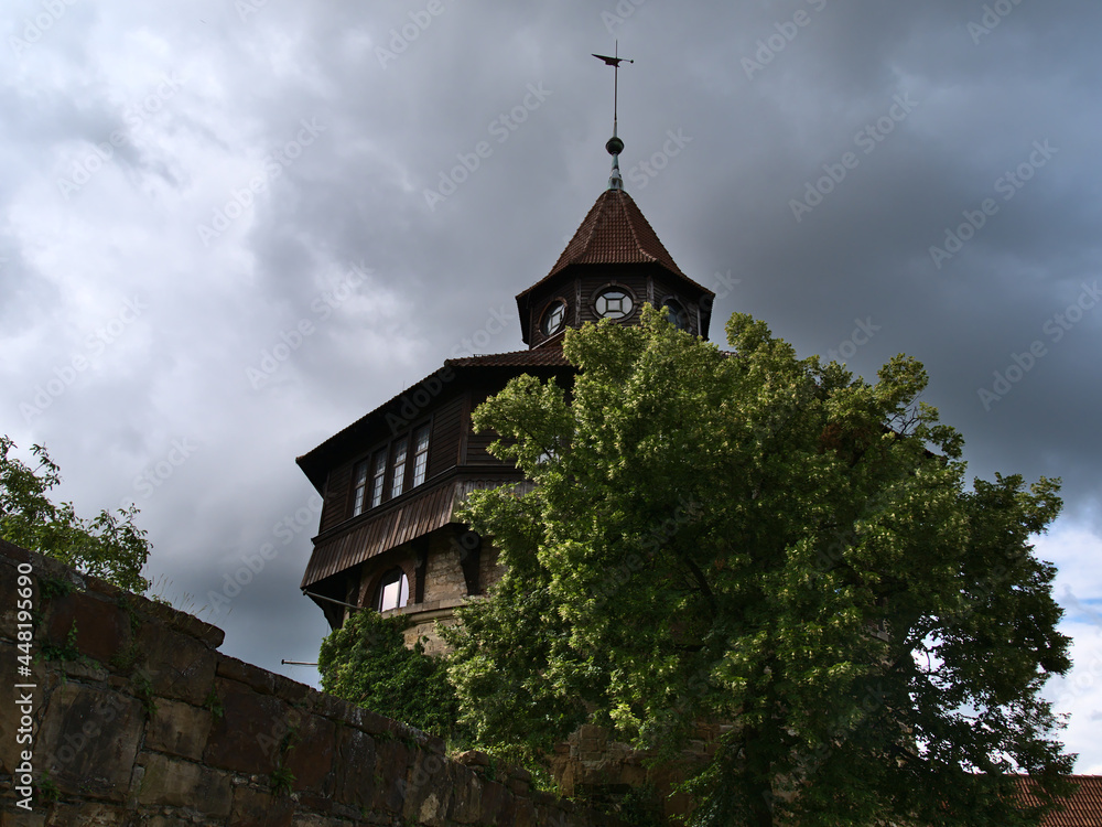Low angle view of historic tower Dicker Turm ( Low angle view of historic tower Dicker Turm (