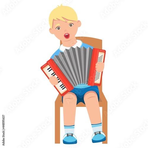 Accordion. The character plays the accordion. Vector. Cartoon style. Learning to play a musical instrument. School and education concept.