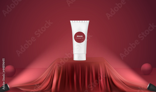Product display on realistic red podium with spotlights