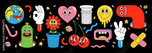 Sticker pack of funny cartoon characters. Vector illustration of comic heart, patch, earth, berry, abstract faces etc.