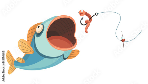 Fish catch. Cartoon fish catching the fishing lure. Jumping to catch a bait. Sports hobby. Fishing or hunting on worm vector illustration