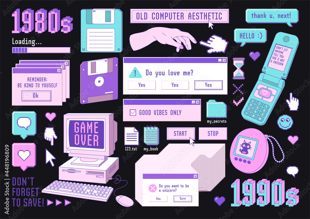 Sticker pack of retro pc elements. Old computer aestethic 1980s -1990s. - obrazy, fototapety, plakaty 