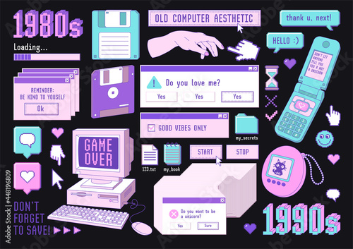 Sticker pack of retro pc elements. Old computer aestethic 1980s -1990s. photo