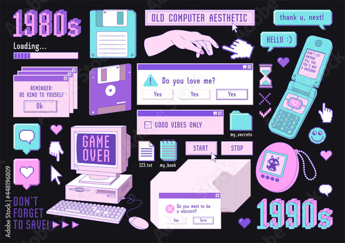 Sticker pack of retro pc elements. Old computer aestethic 1980s -1990s.