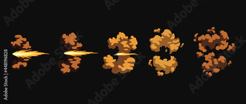Gun flashes or gunshot animation. Cartoon flash effect of bullet start. Shotgun fire, muzzle flash and explode. Flashes with smoke and fire sparkles