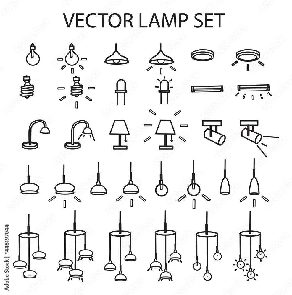 Black and white Lamp vector set with light and no light, on off lamp ...