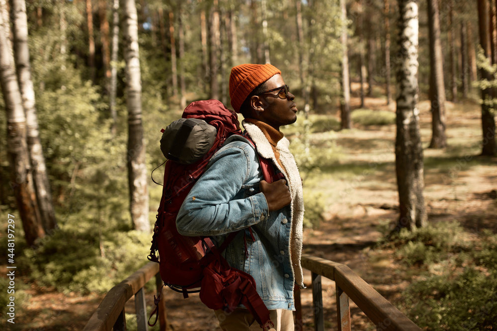 Astonished black man enjoy scenery from wooden bridge, backpack with stuff for camping. Bright emotions, new experience, explore horizons. Forest, youth, wildlife, hiking, contemplating life concept Astonished black man enjoy scenery from wooden bridge, backpack with stuff for camping. Bright emotions, new experience, explore horizons. Forest, youth, wildlife, hiking, contemplating life concept