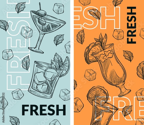 Fresh cocktails with ice cubes, bar cafe menu