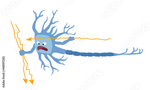 an aggressive neuron with lightning bolts, a brain cell under stress, the concept of a nervous breakdown, color vector illustration isolated on a white background in a cartoon style and a flat design