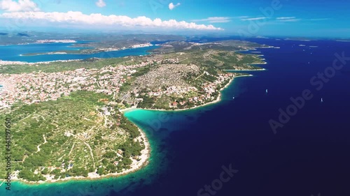 Island of Murter and turquoise lagoon beach Slanica aerial view, Dalmatia archipelago of Croatia photo
