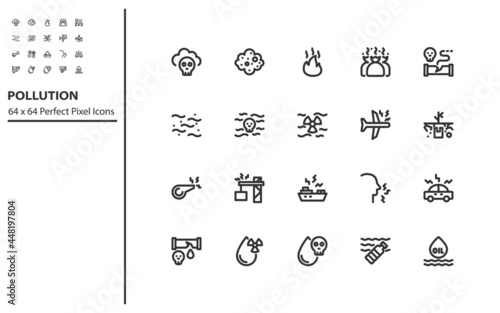 set of pollution line icons, emission, water pollution, air pollution, noise