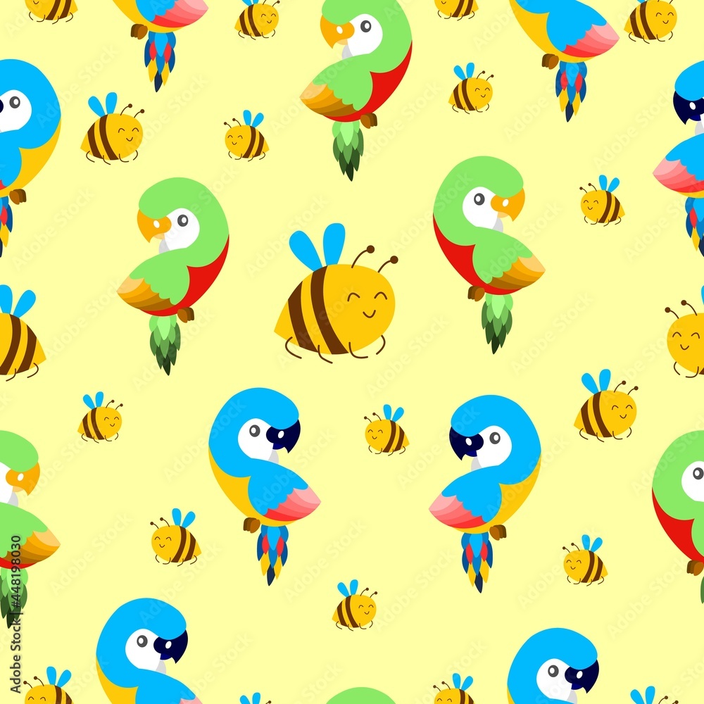 Seamless pattern with ara parrots and flying bees. Blue, yellow, green, pink, red. Yellow background. Cartoon style. Cute and funny. For kids post cards, stationery, wallpaper, textile, wrapping paper