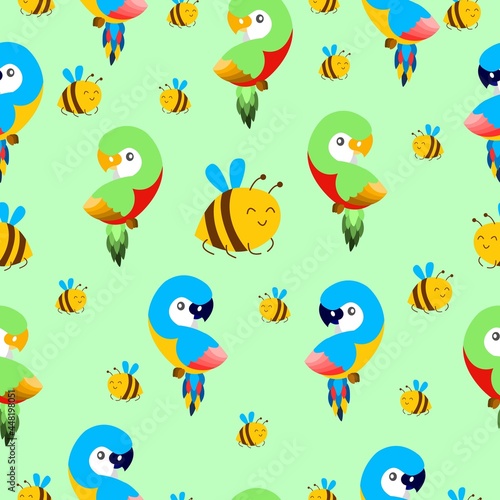 Seamless pattern with ara parrots and flying bees. Blue, yellow, green, pink, red. Green background. Cartoon style. Cute and funny. For kids post cards, stationery, wallpaper, textile, wrapping paper © Куприянова Ксения