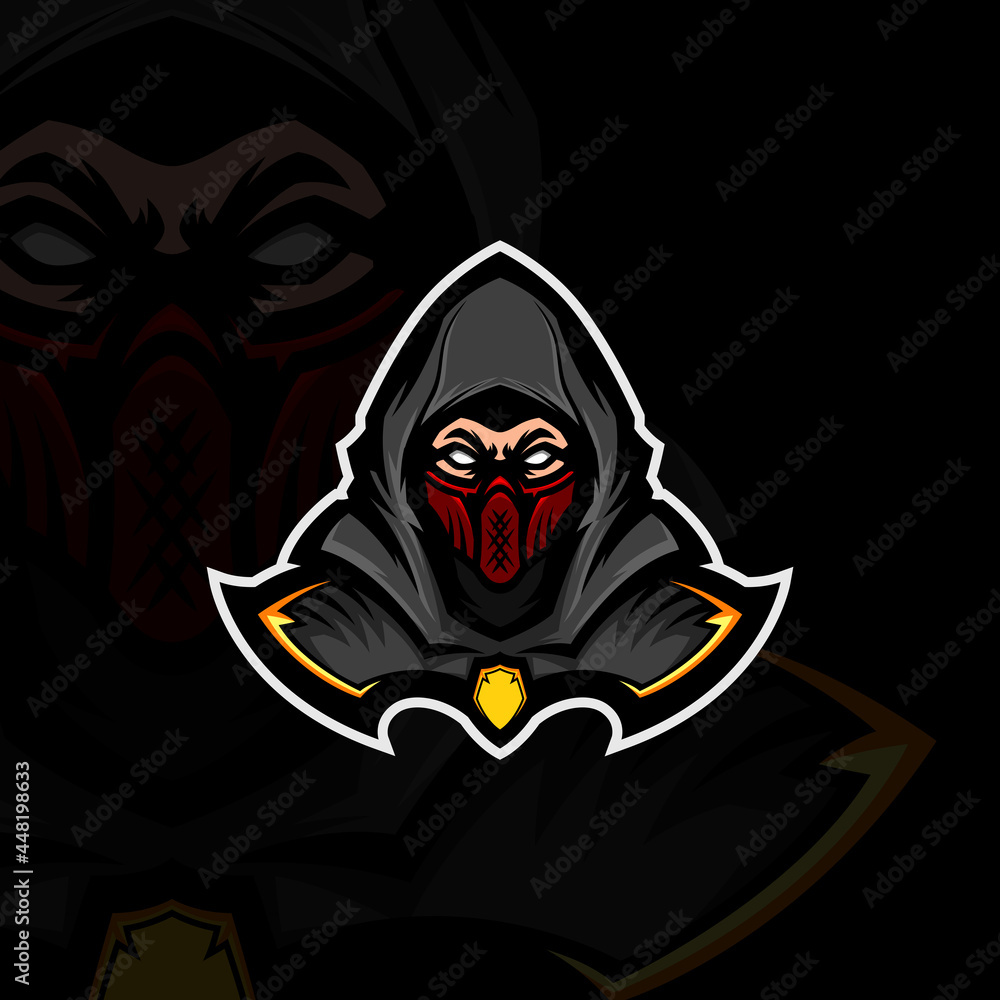 Illustration of grey hooded ninja wearing red mask