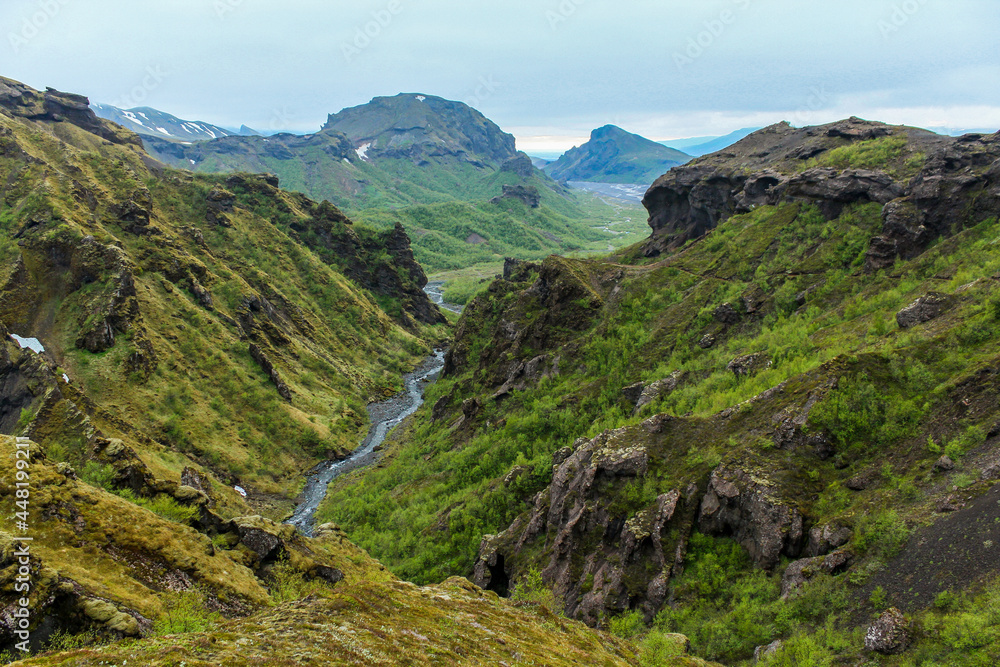 Naklejka premium View into the valley of Thorsmoerk, Fimmvorduhals hiking trail, Iceland