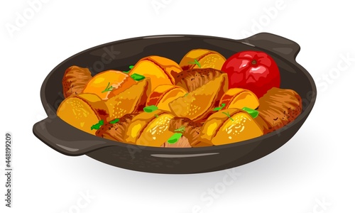 Frying pan with potatoes, spring onion and meat. Vector pan wok, ukrainian dish, fat and oily dinner, nutritious vegetable meal, cooking idea isolated on white background