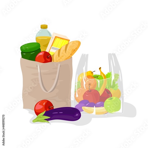 Tasty juicy fruits and vegetables in eco bags. Vector fresh baked bread, vegetarian food, farm organic products, cooking at home idea isolated on white background