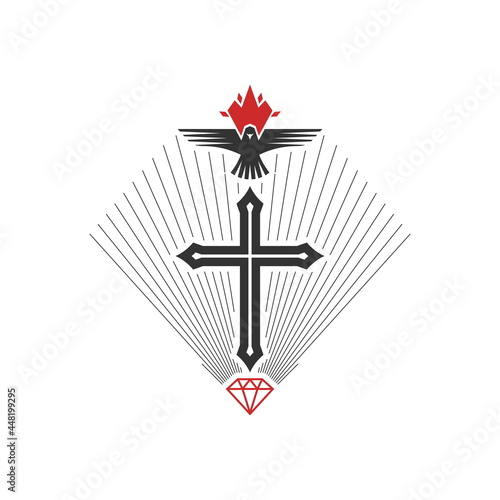 Christian illustration. Church logo. The cross is a symbol of crucifixion and salvation, a dove is a symbol of the Holy Spirit.