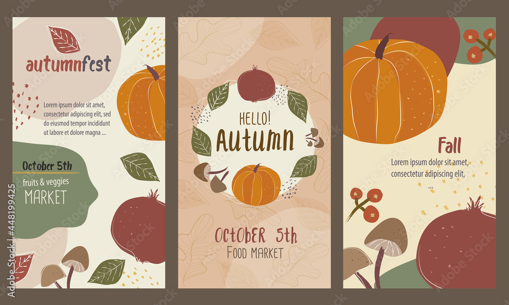 Autumn vertical banners and postcard set for social media, ads, leaflets, posters and more marketing graphic design. Pumpkin, pome granate, mushrooms, green foliage and more fall season decor.