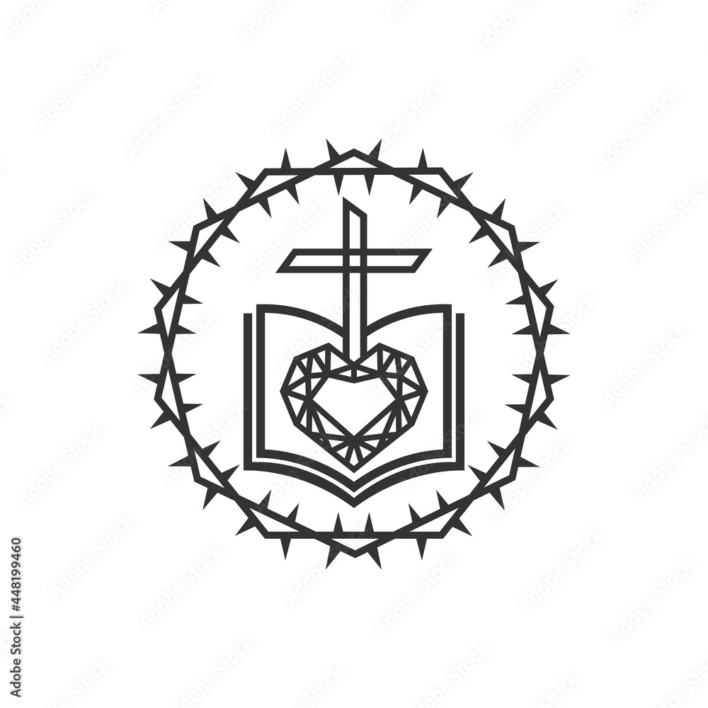 Obraz premium Christian illustration. Church logo. The Diamond of God's Word, Love, and the cross of Jesus are framed with a crown of thorns.