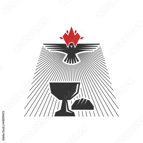 Christian illustration. Church logo. The holy bowl and bread, over which the dove hovers, is a symbol of the Holy Spirit. photo