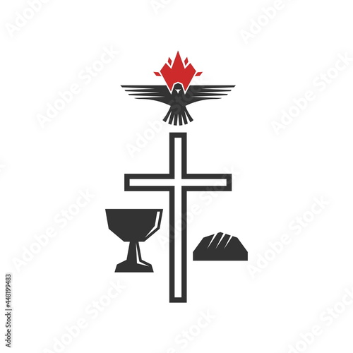 Christian illustration. Church logo. The Cross of the Savior Jesus Christ, the holy bowl and bread, over which a dove flies, is a symbol of the Holy Spirit.
