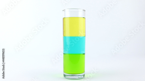 Liquid or layer density experiment using 3 separate layers consisting of syrup, water and olive oil on the top layer. The science concept of density photo
