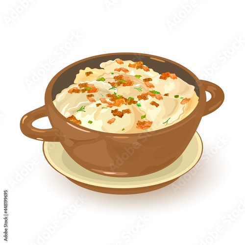 Aromatic pierogi in deep plate with small pieces of lard, portion for one. Vector ethnic meal decorated with greenery, dough snack, food idea. Isolated on white background