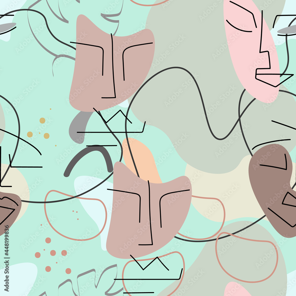 One line drawing. Abstract face seamless pattern. One line drawing. Abstract face seamless pattern.