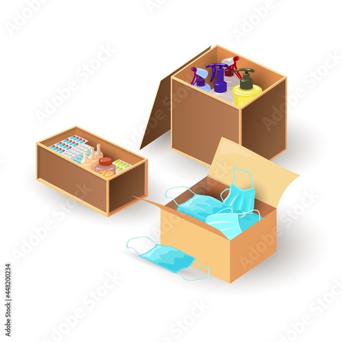 Cartoon cardboard boxes with face masks, cleaning supplies, medications. Vector disinfection, medical treatment, healthcare, virus prevention. Health protection concept isolated on white
