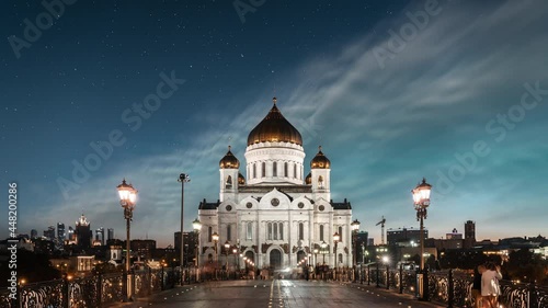 Cathedral of Christ the Saviour, Moscow, Russia. Starry Night Time-lapse.