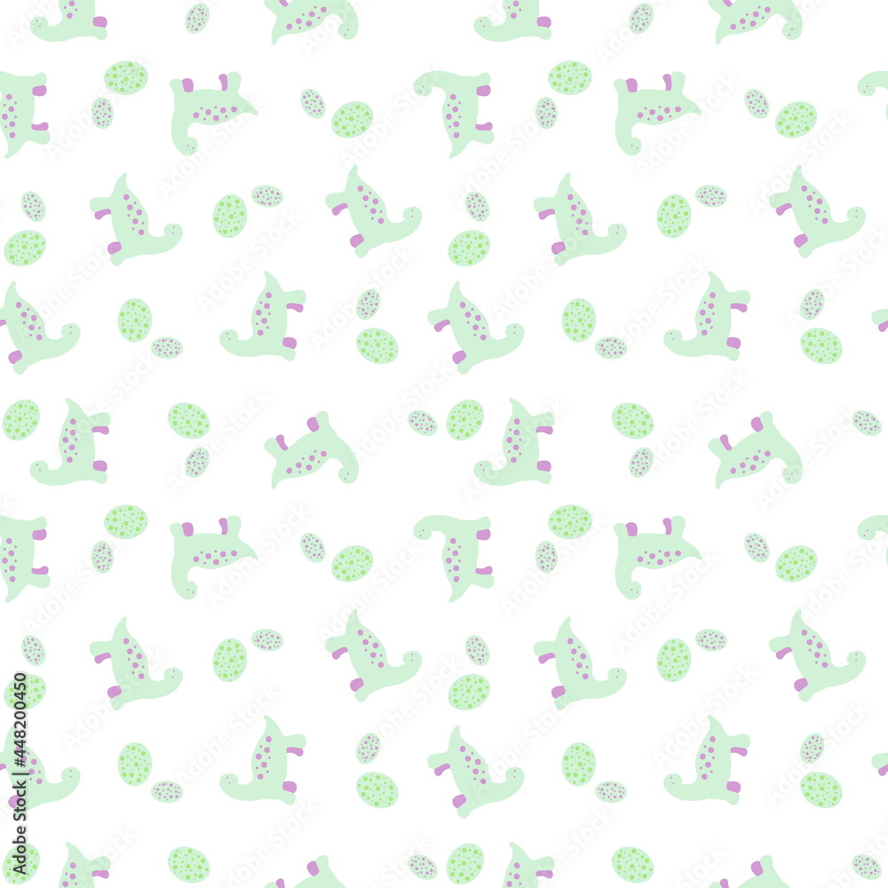Pastel colored seamless pattern of dinosaurs and spotted eggs. Perfect for T-shirt, textile and prints. Hand drawn illustration for decor and design. Pastel colored seamless pattern of dinosaurs and spotted eggs. Perfect for T-shirt, textile and prints. Hand drawn illustration for decor and design.