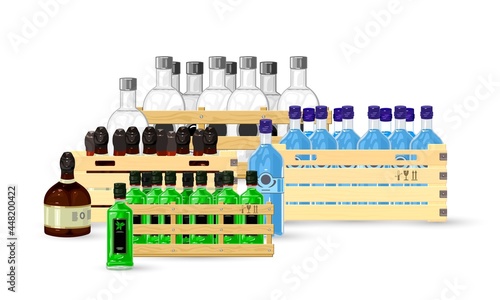 Cartoon set of different types of alcoholic beverages. Vector glass bottles of wine, absinthe, beer, rum, whiskey, vodka, champagne for transport to selling points. Idea of alcohol isolated on white