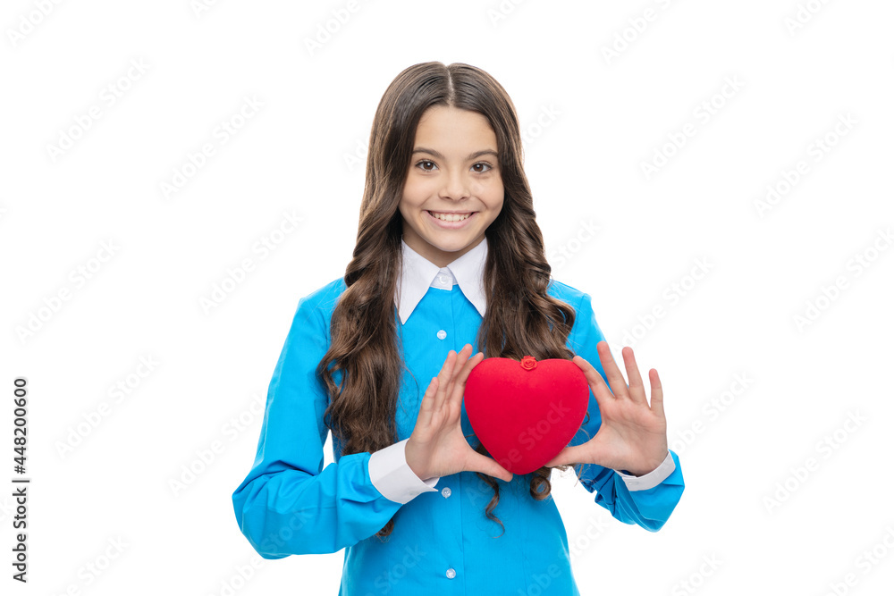 Happy girl hold big soft red heart isolated on white, heartbeat Happy girl hold big soft red heart isolated on white, heartbeat