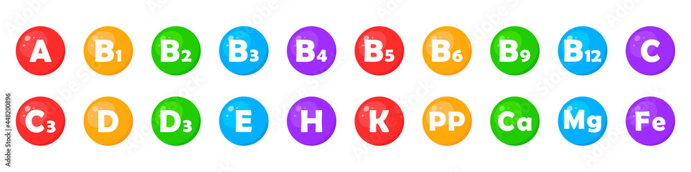 A set of vitamins or minerals. Essential nutrients for health. Vector illustration A set of vitamins or minerals. Essential nutrients for health. Vector illustration