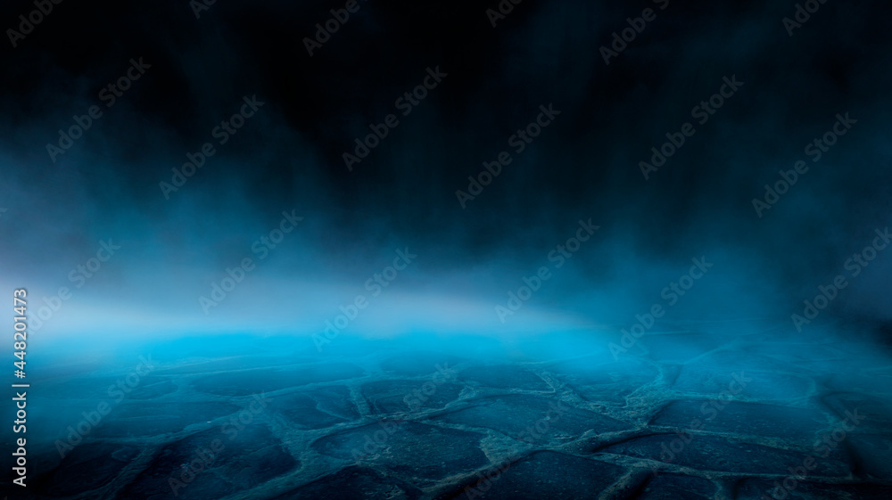 Empty background scene. Dark street reflection on wet asphalt. Rays of neon light in the dark, neon figures, smoke. Background of empty stage show. Abstract dark background. Empty background scene. Dark street reflection on wet asphalt. Rays of neon light in the dark, neon figures, smoke. Background of empty stage show. Abstract dark background.