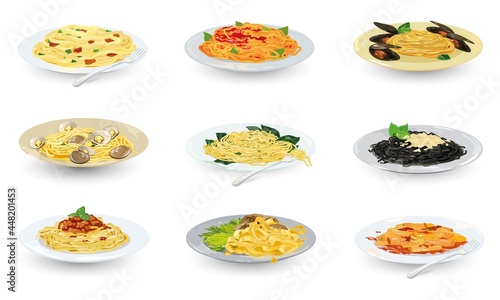 Cartoon set of cooked pasta dishes, traditional european food, tasty lunch. Vector of various types of macaroni served on plates. Idea of italian cuisine, dinner in cafe, assortment isolated on white