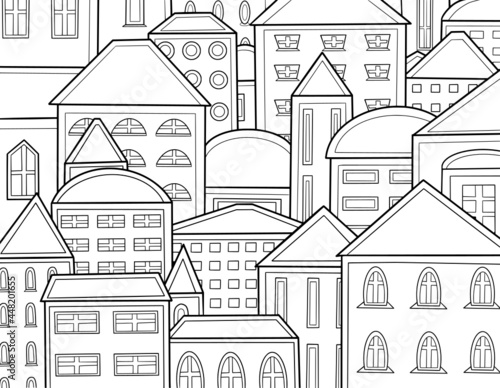 Complex vector coloring with different houses. A small cute city in doodle stile. Black and white.