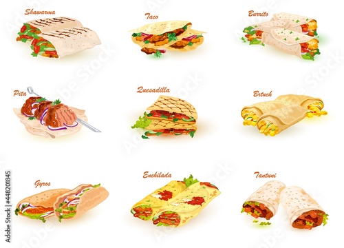 Cartoon collection of middle eastern cuisine, pita bread with meat and vegetable stuffing. Vector snack or lunch, fast food, quick cooking. Concept of food, eating, gourmet isolated on white