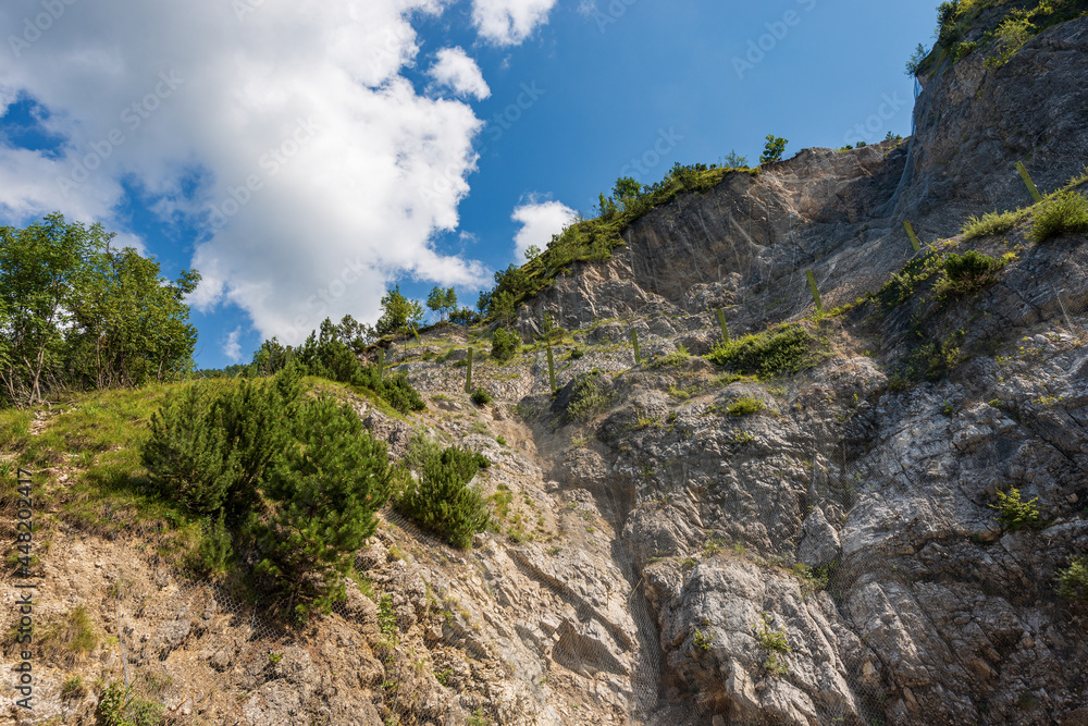 Rockfall barrier with wire mesh in mountain (brake for rocks fall), Italian Alps, Trentino Alto Adige, Italy, Europe. Rockfall barrier with wire mesh in mountain (brake for rocks fall), Italian Alps, Trentino Alto Adige, Italy, Europe.