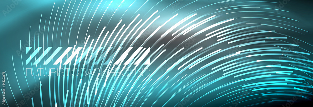 Obraz premium Neon glowing lines, magic energy and light motion background. Vector wallpaper template