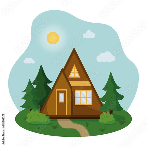 Landscape of triangle tiny house for comfort camping in forest. Eco friendly rest concept. Vector flat illustration