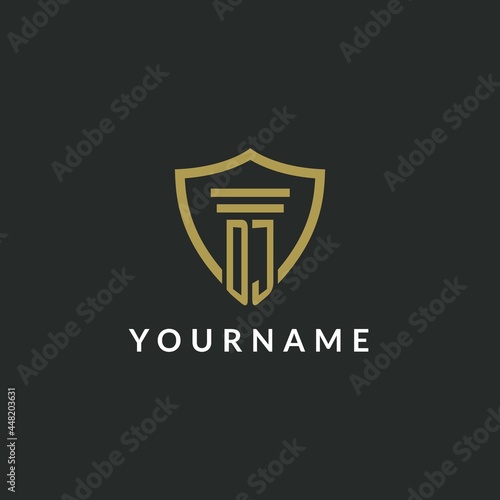 DJ initial monogram logo with pillar and shield style design