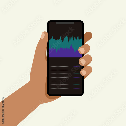 male hand holds a phone with charts on the screen. Investments. Flat vector