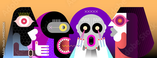Four adult people have a heated discussion. Modern art vector illustration.	